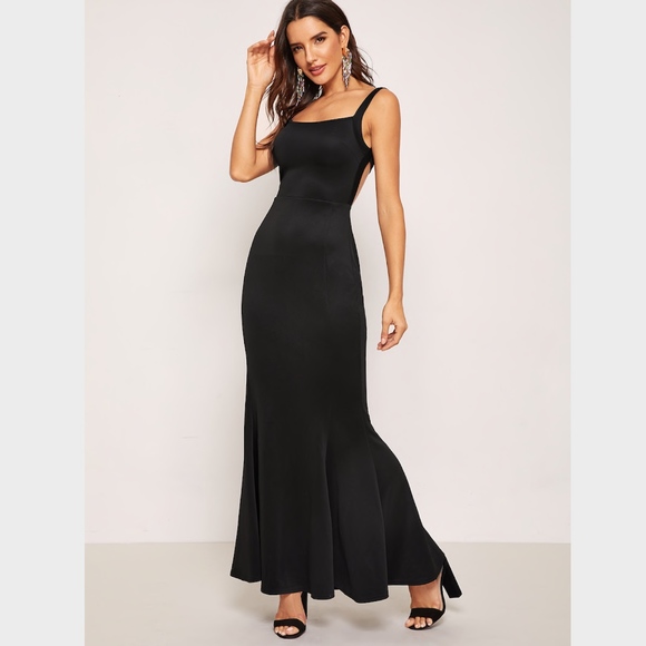 Square Neck Open Back Sheath Maxi Mermaid Dress - Picture 3 of 8